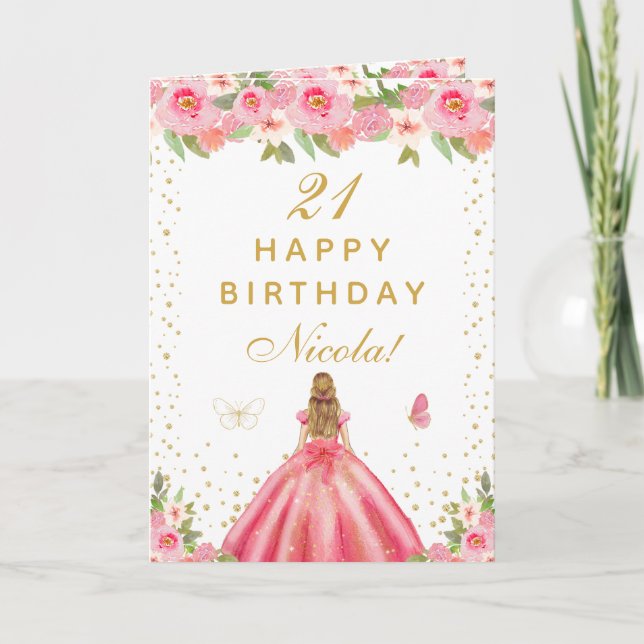 Pink Floral Blonde Hair Girl Birthday  Card (Front)