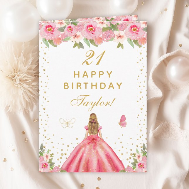 Pink Floral Blonde Hair Girl Happy Birthday Card (Creator Uploaded)