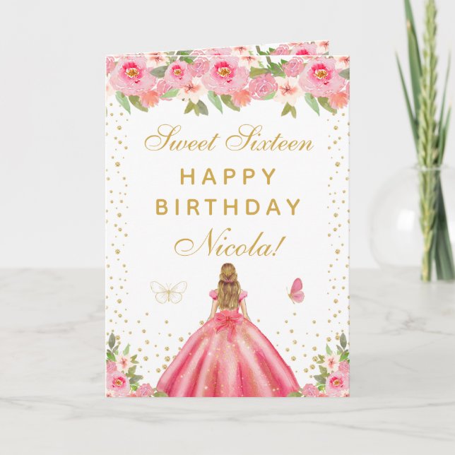 Pink Floral Blonde Hair Girl Sweet Sixteen Card (Front)
