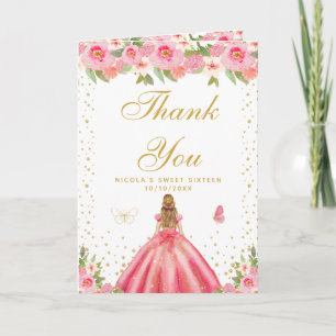 Pink Floral Blonde Hair Girl Sweet Sixteen Thank You Card