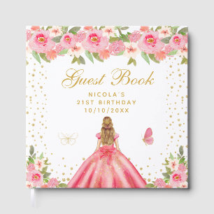 Pink Floral Blonde Hair Princess Birthday Party Guest Book