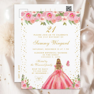 Pink Floral Blonde Hair Princess Birthday Party Postcard