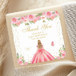 Pink Floral Blonde Hair Princess Birthday Party Square Sticker<br><div class="desc">This elegant and glamourous birthday party thank you sticker features a beautiful princess with blonde hair and fair skin in a pink ball gown. The text combines handwritten script and modern sans serif fonts for a classy and sophisticated look. The floral arrangements, butterflies and gold confetti create the perfect blend...</div>