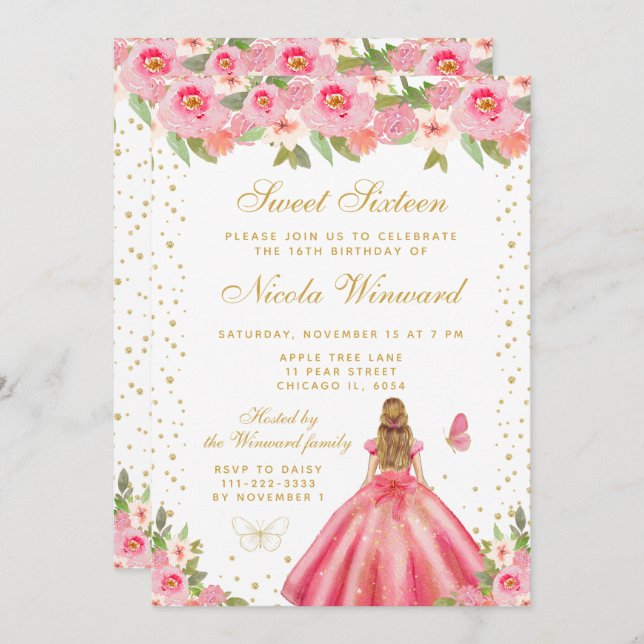 Pink Floral Blonde Hair Princess Sweet Sixteen Invitation (Front/Back)