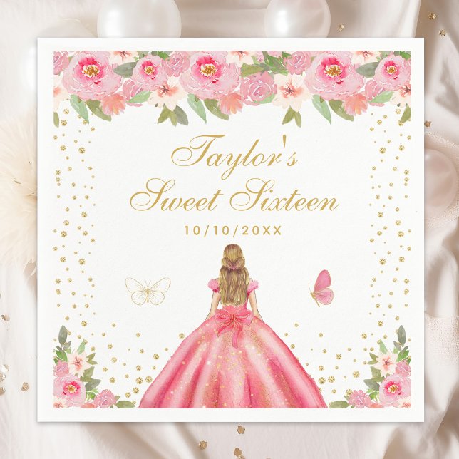 Pink Floral Blonde Hair Princess Sweet Sixteen Napkin (Creator Uploaded)