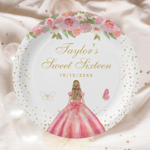 Pink Floral Blonde Hair Princess Sweet Sixteen Paper Plate