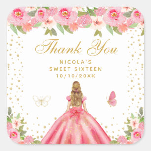 Pink Floral Blonde Hair Princess Sweet Sixteen Square Sticker