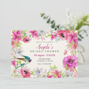 Pink floral bloom artistic bridal shower invitation