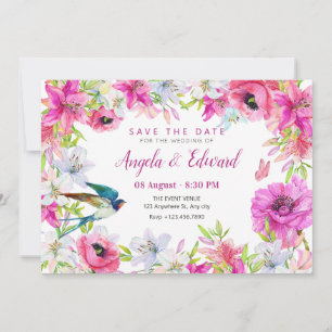 Pink floral bloom artistic wedding save the date
