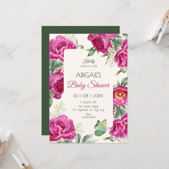Pink floral bloom baby shower invitation (Front/Back In Situ)