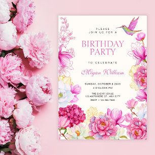 Pink floral bloom birthday invitation