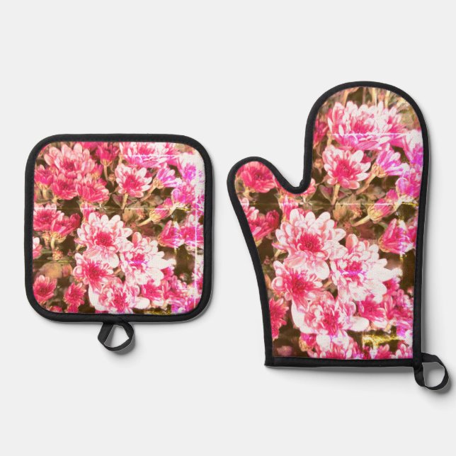 Pink Floral Bloom Pattern Oven Mitt & Pot Holder Set (Front)