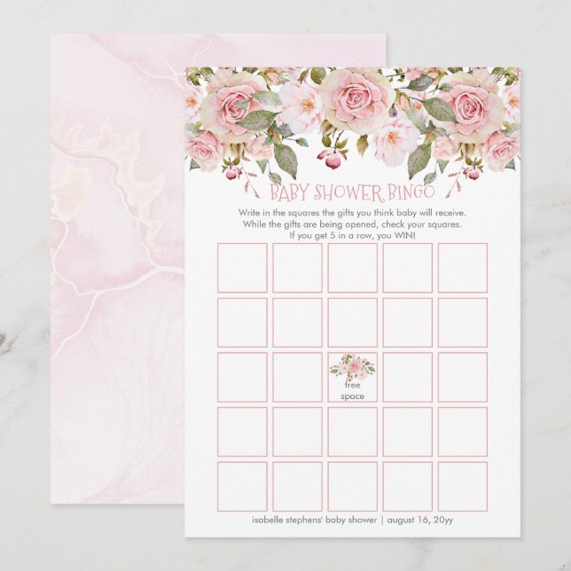 Pink Floral Blooms Baby Shower Bingo Card (Front/Back)