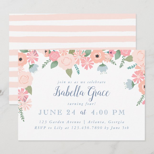 Pink Floral Blooms Birthday Party Invitation (Front/Back)
