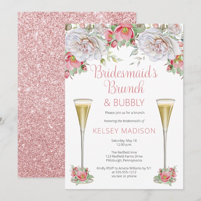 Pink Floral Blooms Bridesmaid's Brunch & Bubbly Invitation (Front/Back)