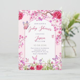 Pink floral blossom butterflies baby shower invitation