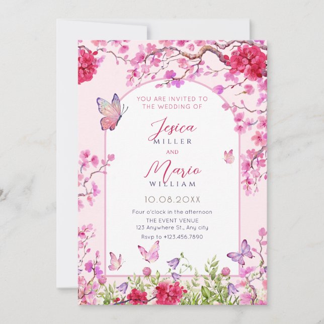 Pink floral blossom butterflies wedding Invitation (Front)