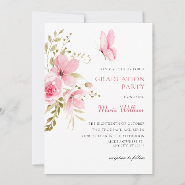 Pink Floral blossom graduation Invitation (Front)