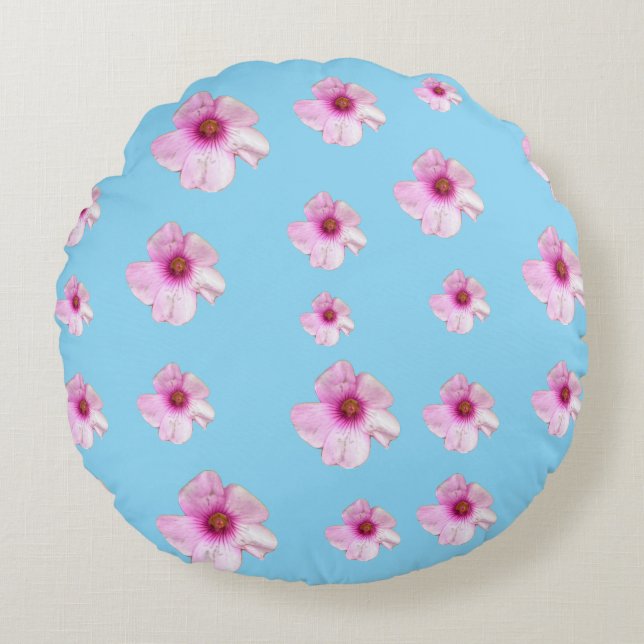 Pink Floral Blossom Light Blue Round Pillow (Front)