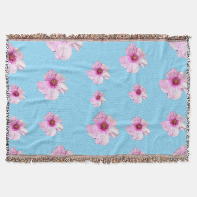 Pink Floral Blossom Light Blue Throw Blanket (Front)