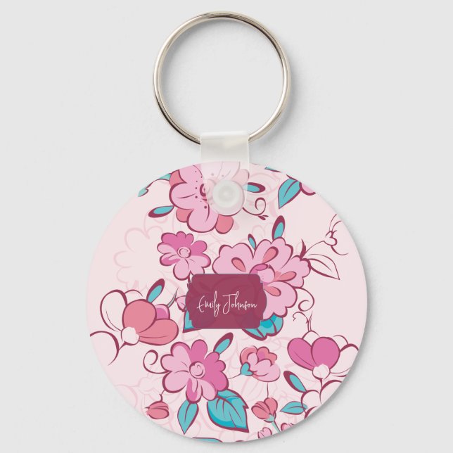 Pink Floral Blossom Script Name Paper Coaster Key Ring (Front)