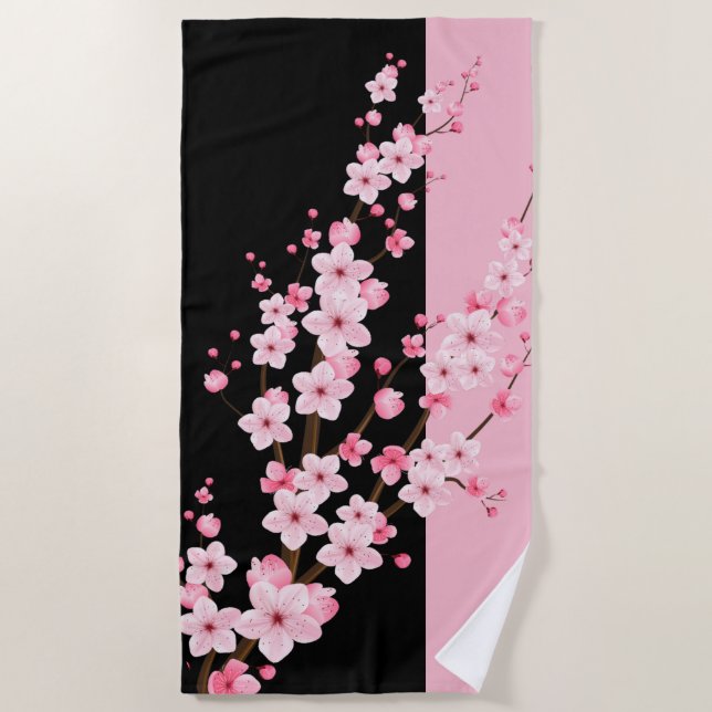 Pink Floral Blossoms Black & Pink Towel (Front)