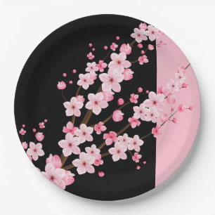 Pink Floral Blossoms Black & Pink Towel Paper Plate