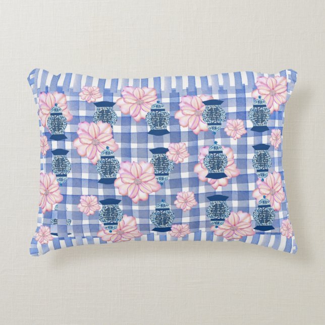 Pink Floral Blue Ginger Jars Lumbar Decorative Cushion (Front)