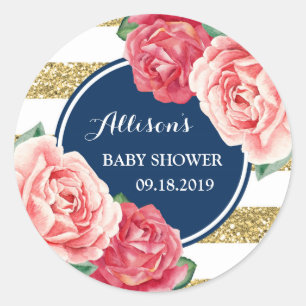 Pink Floral Blue Gold Stripes Baby Shower Tag