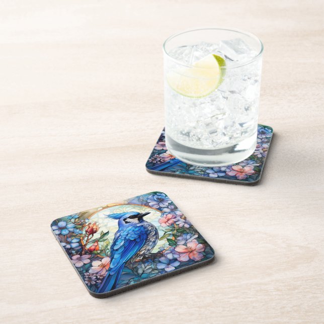 Pink Floral Blue Jay Bird Stained Glass Coaster (Right Side)