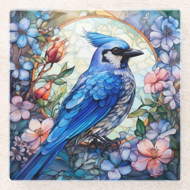 Pink Floral Blue Jay Bird Stained Glass Glass Coaster (Front)