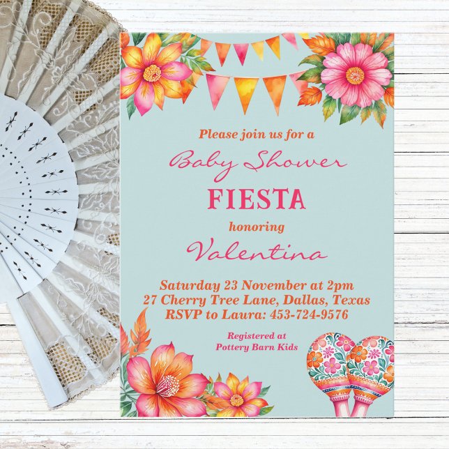 Pink Floral Blue Mexican Fiesta Baby Shower Invitation (Creator Uploaded)