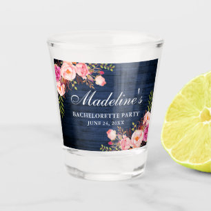 Pink Floral Blue Wood Bachelorette Party Shot Glass