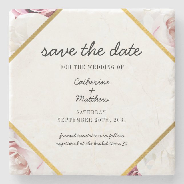 Pink Floral Blush Geometric Save The Date Stone Coaster (Front)