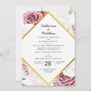 Pink Floral Blush Gold Geometric Wedding Invitation