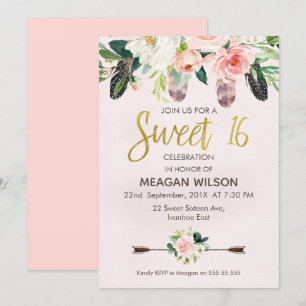 Pink Floral Boho 16th Birthday Invitation