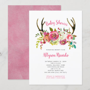Pink Floral Boho Antlers Baby Shower Invitation