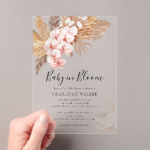 Pink Floral Boho Baby in Bloom Pampas Grass Shower Acrylic Invitations