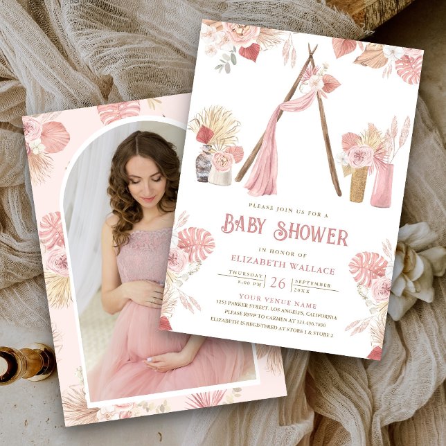 Pink Floral Boho Beach Arbor Photo Baby Shower Invitation (Creator Uploaded)