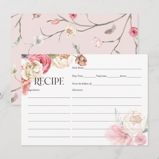  pink floral boho chic bridal shower recipe cards (Front/Back)