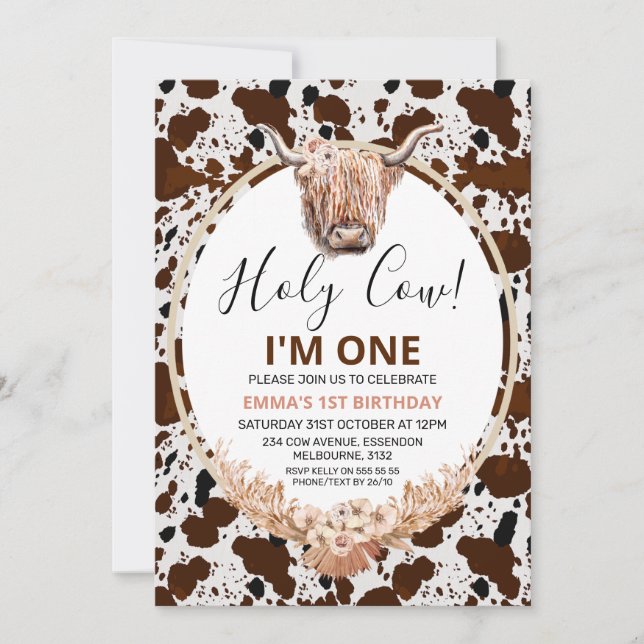 Pink Floral Boho Cow Print Highland Cow Birthday Invitation (Front)
