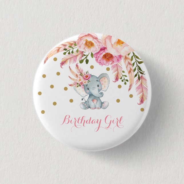 Pink Floral Boho Elephant 1st Birthday Party 3 Cm Round Badge (Front)