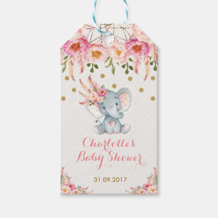 Pink Floral Boho Elephant Baby Shower Favour Tag