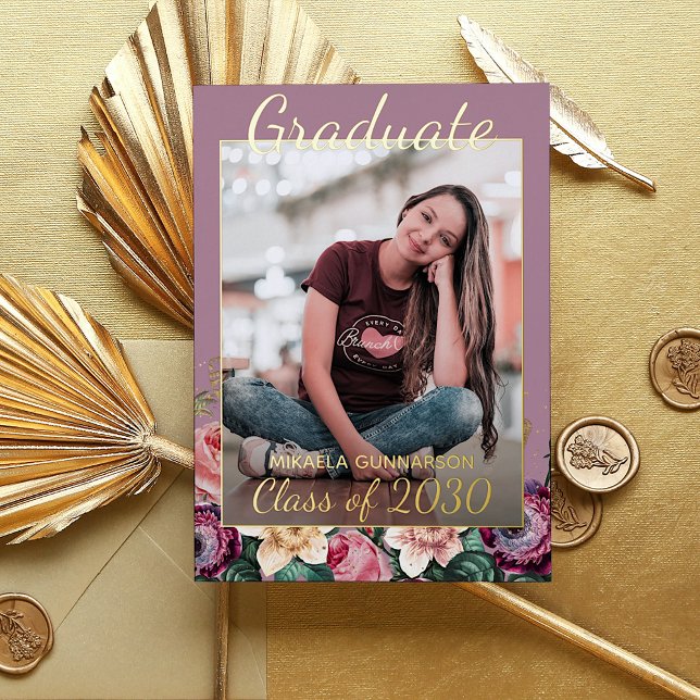 Pink Floral Boho Gold Foil Graduation Announcement (Creator Uploaded)