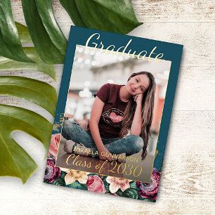 Pink Floral Boho Gold Foil Graduation Announcement