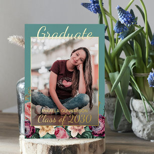 Pink Floral Boho Gold Foil Graduation Announcement