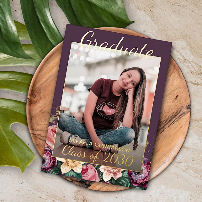 Pink Floral Boho Gold Foil Graduation Announcement (Creator Uploaded)