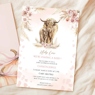 Pink Floral Boho Highland Cow Baby Shower Invitation