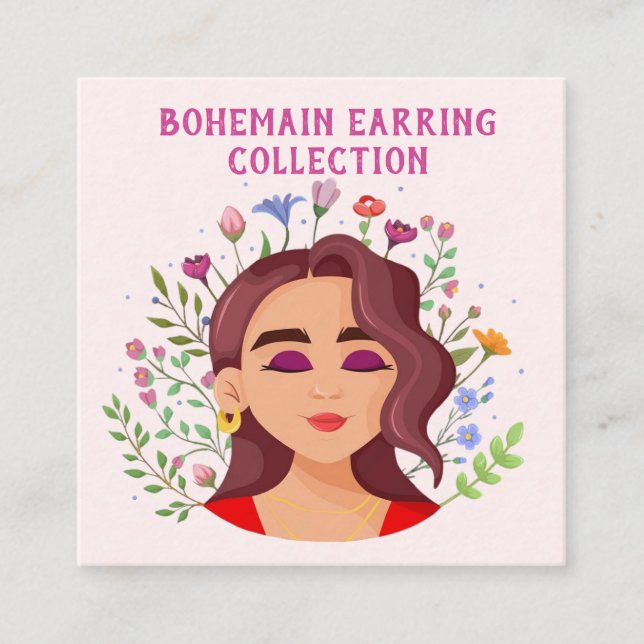 Pink Floral boho illustration Earing Display card (Front)