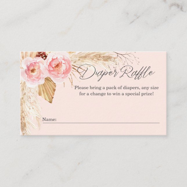 Pink Floral Boho Pampas Diaper raffle ticket cards (Front)